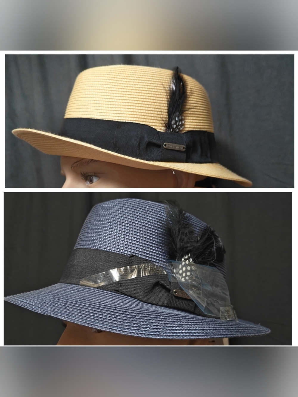 Pack of Two Straw Fedora Hats with Feather Trim - Tan & Blue